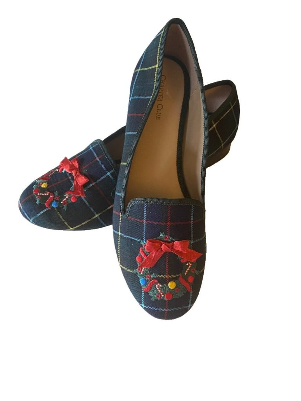 Charter Club Holiday Season Plaid Flats Mocs Slippers Christmas Wreath SZ 9.5